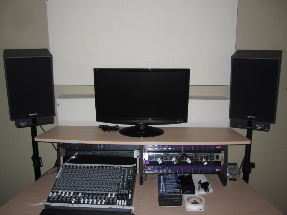 Engineer view of console and near-field speakers, looking close-up